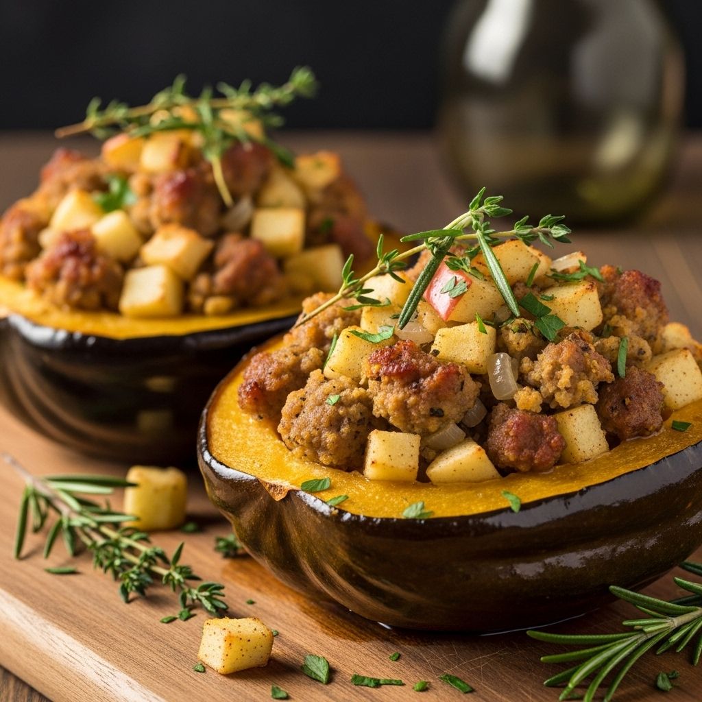 Bring the warmth of autumn to your table with this savory and sweet stuffed acorn squash bursting with sausage, apples, and herbs.