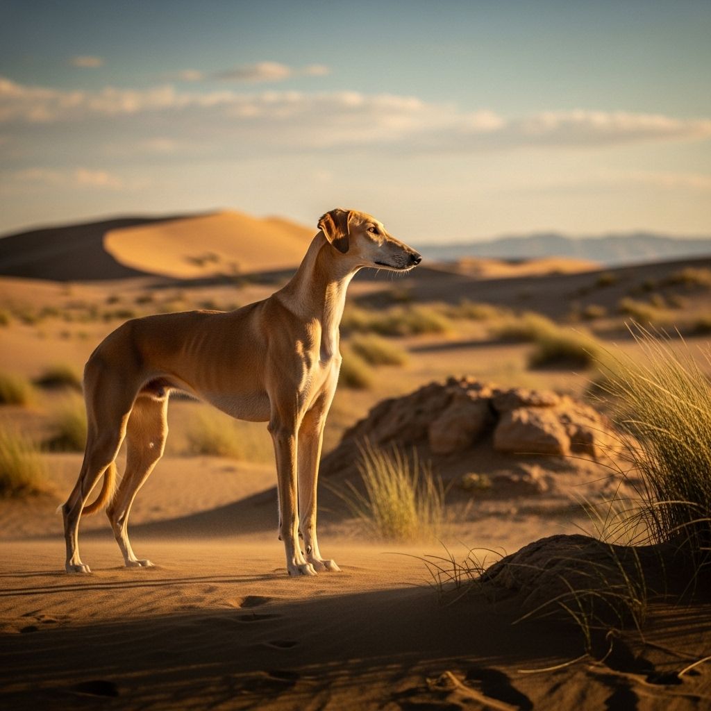 A rare desert canine blending athletic prowess with quiet devotion in every stride.