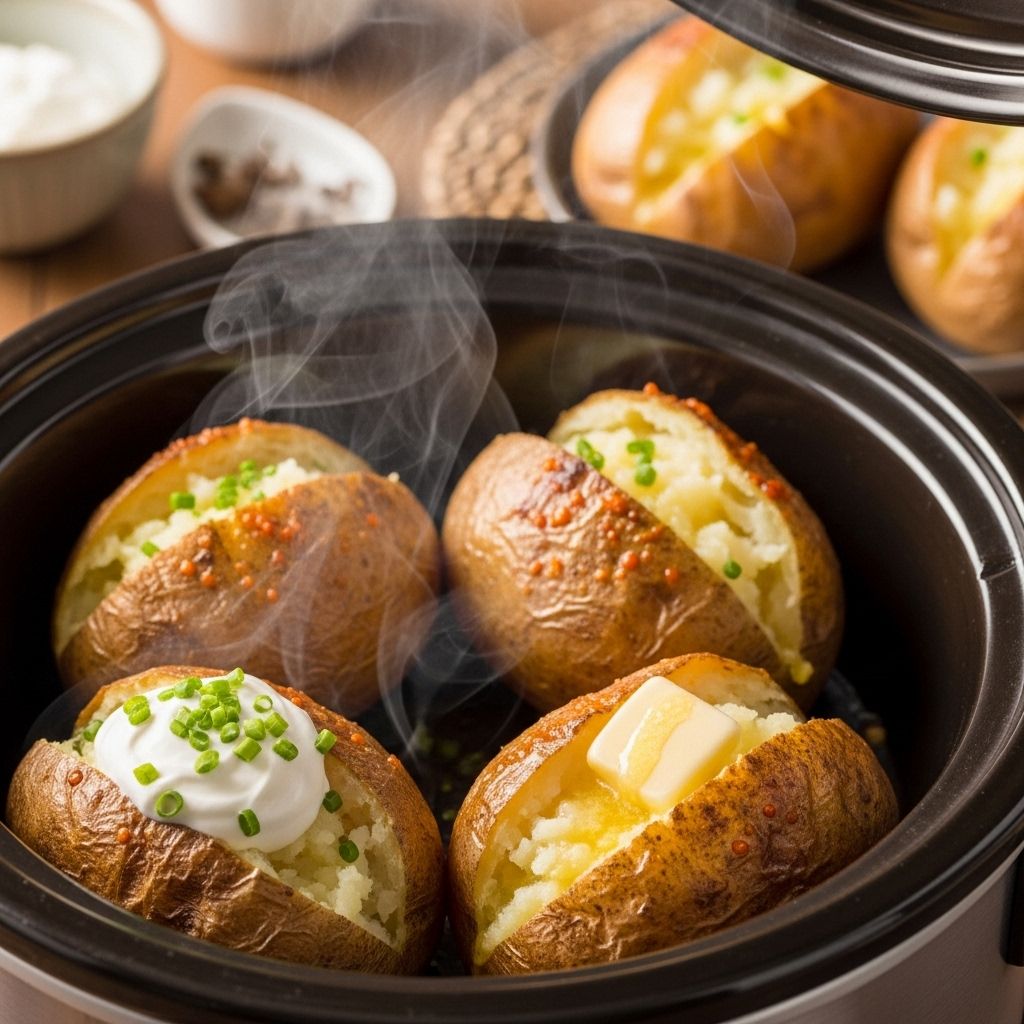 Make perfectly fluffy baked potatoes in your slow cooker with minimal effort and maximum flavor!
