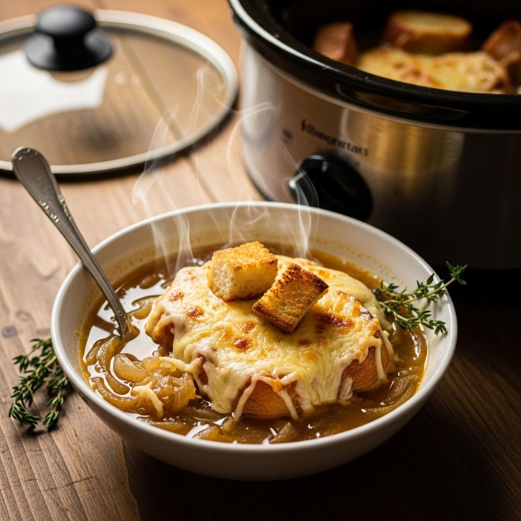 Discover the simplicity and richness of slow-cooked French onion soup, perfect for any meal.
