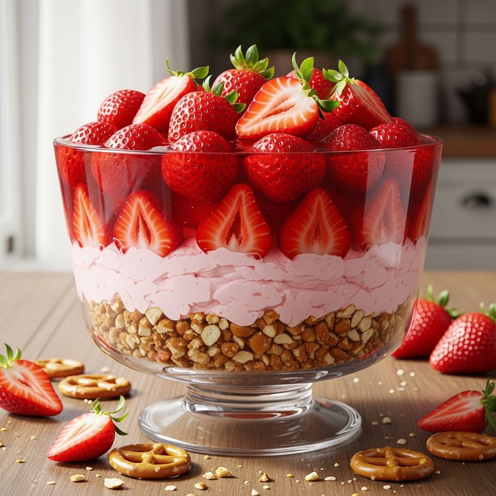 A delightful three-layer treat combining crunchy pretzels, creamy filling, and fresh strawberries
