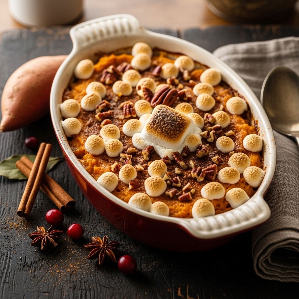 A luscious sweet potato casserole dessert, blending creamy comfort and a crunchy pecan topping, perfect for gatherings and festive tables.