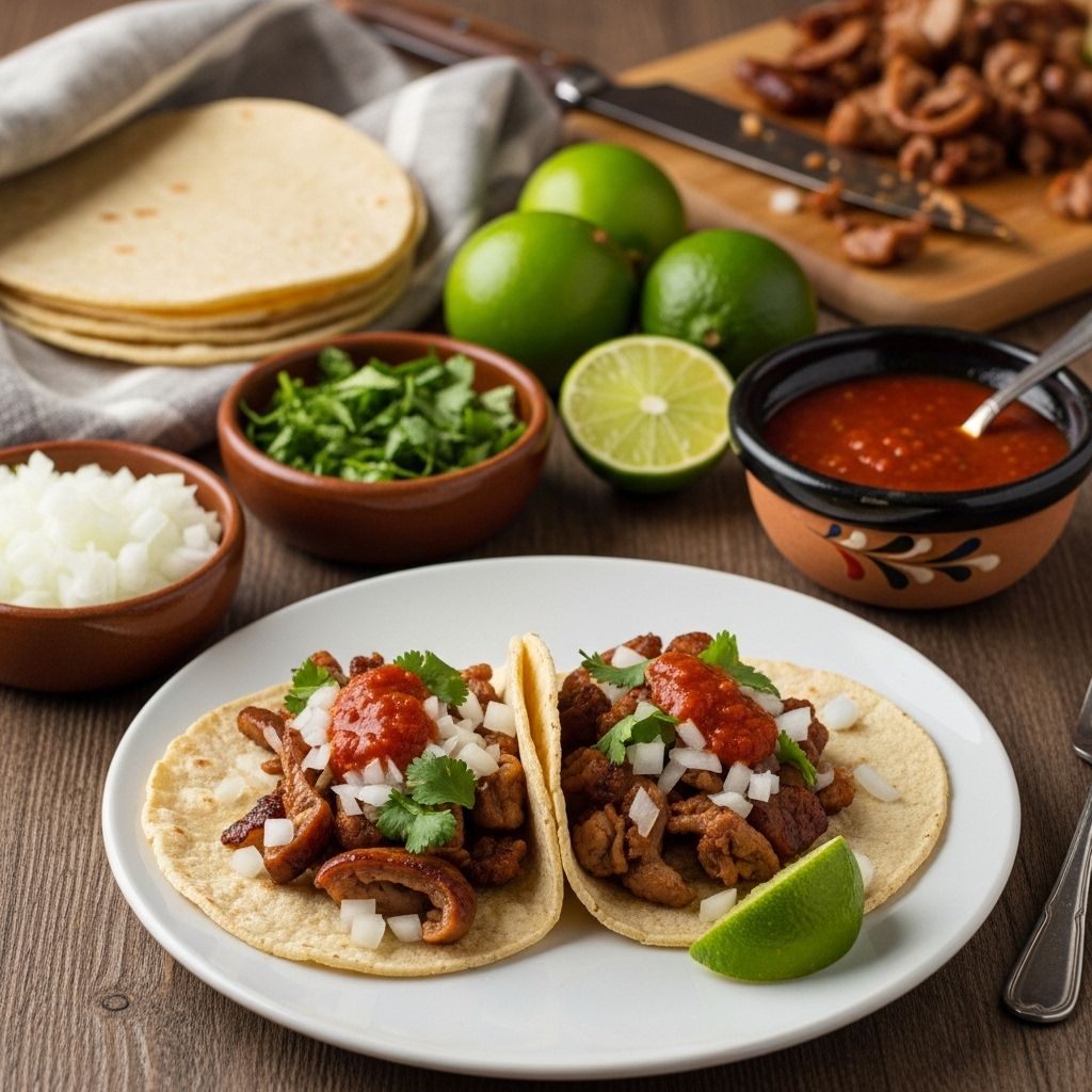 Gentle simmering and searing yield tender, spiced pork stomach filling for tortillas.