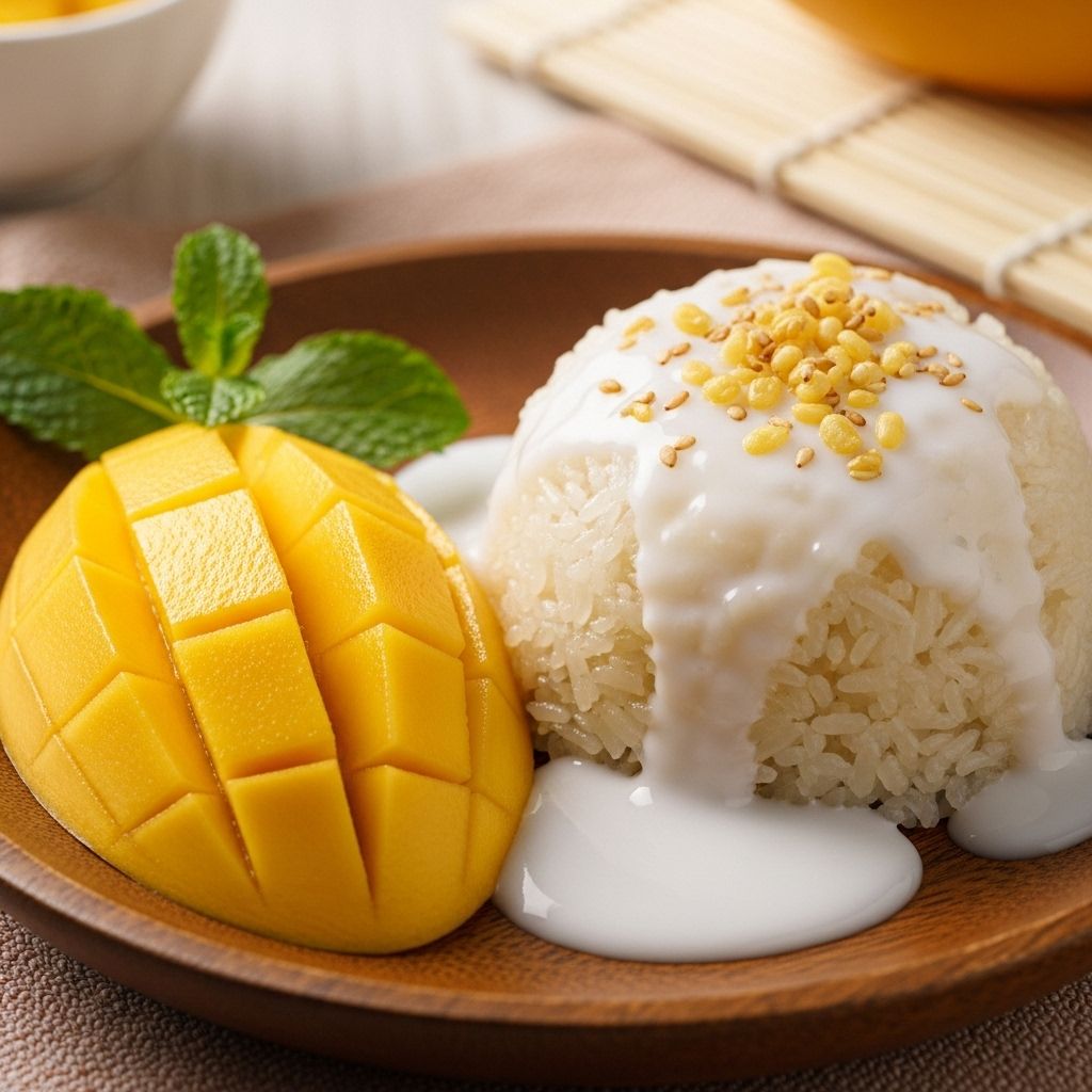 A classic Thai dessert featuring sweet coconut sticky rice paired with juicy fresh mangoes