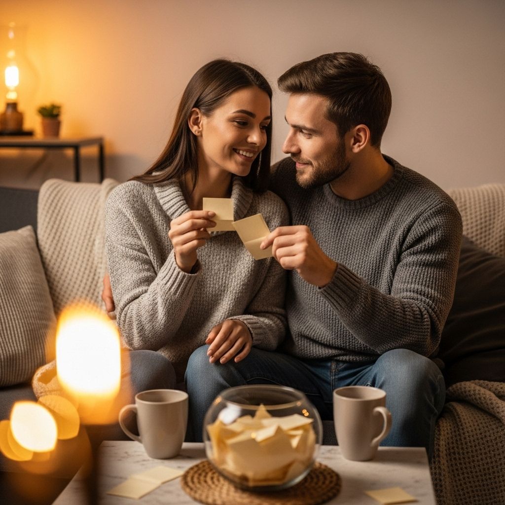 Playful prompts spark laughter and strengthen bonds during cozy couple game nights.