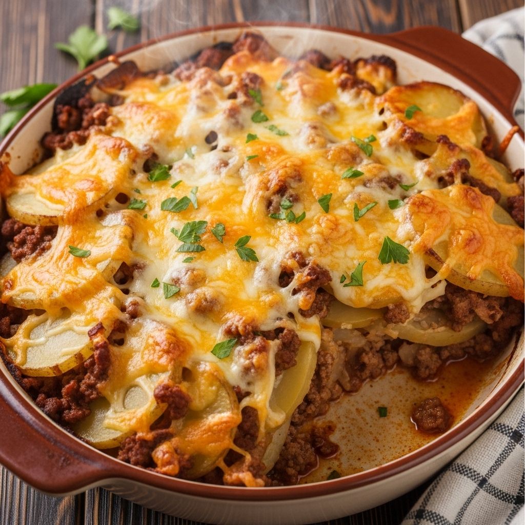 A hearty homestyle casserole combining savory beef, tender potatoes, and melted cheese