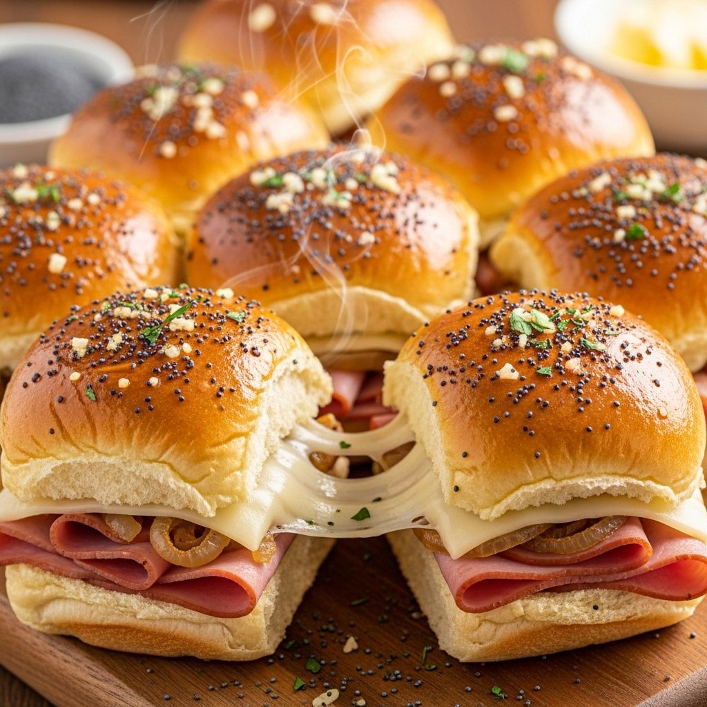 Swiss, ham, and jammy onions in pillowy, sweet buns deliver a tasty snack.