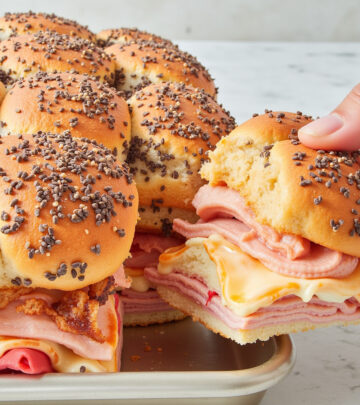 Swiss, ham, and jammy onions in pillowy, sweet buns deliver a tasty snack.