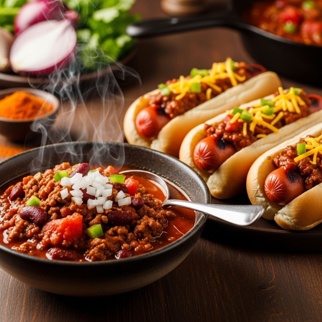 A simple yet delicious homemade chili that elevates hot dogs to gourmet status