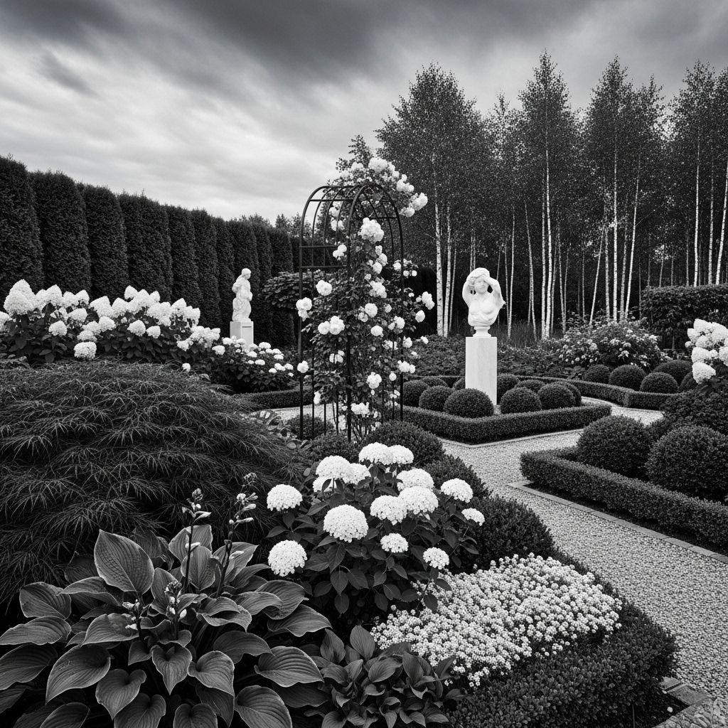 Dramatic foliage and elegant accents combine to craft a serene, two-tone outdoor oasis.