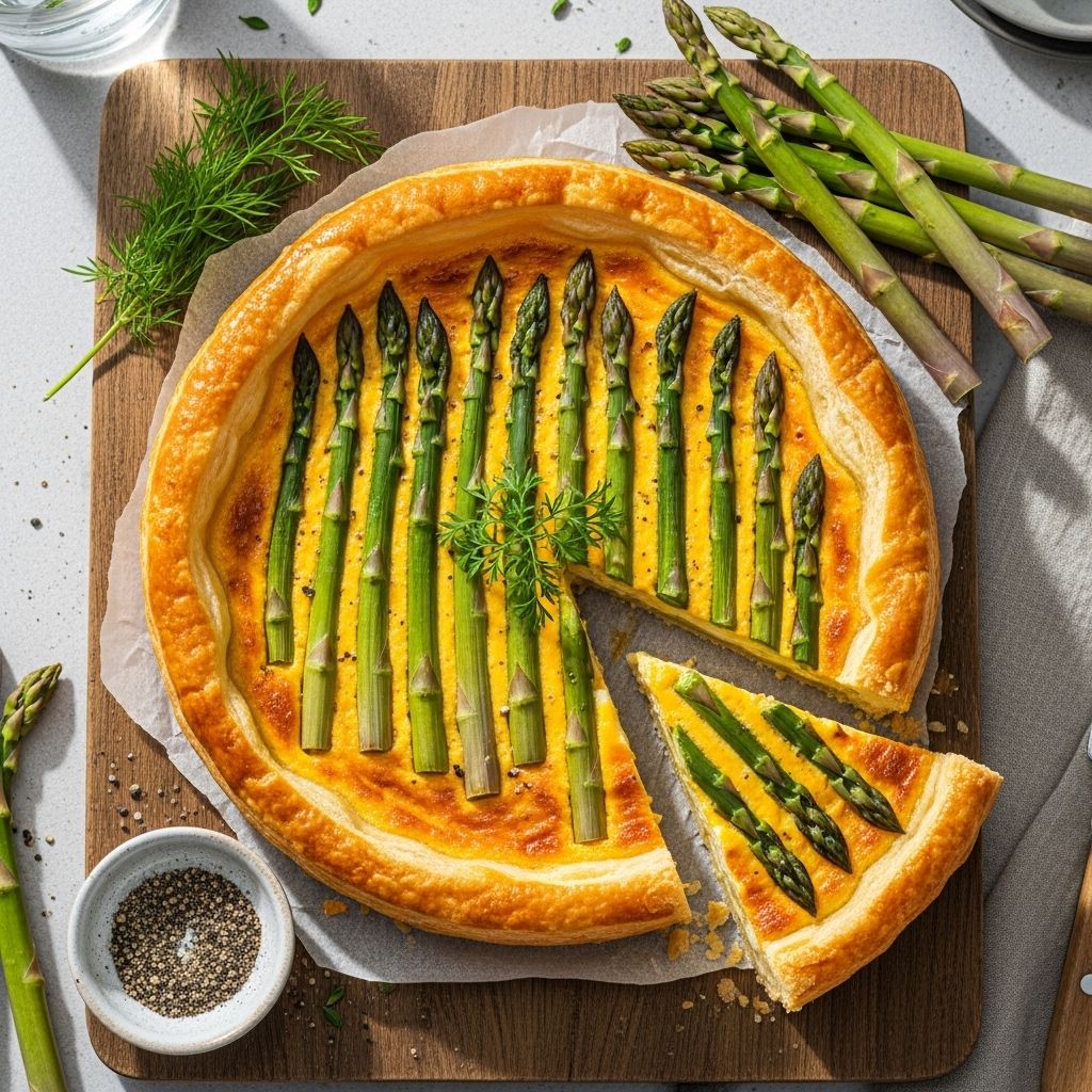 Elevate any meal with a flaky pastry topped by creamy cheese and bright green stalks.
