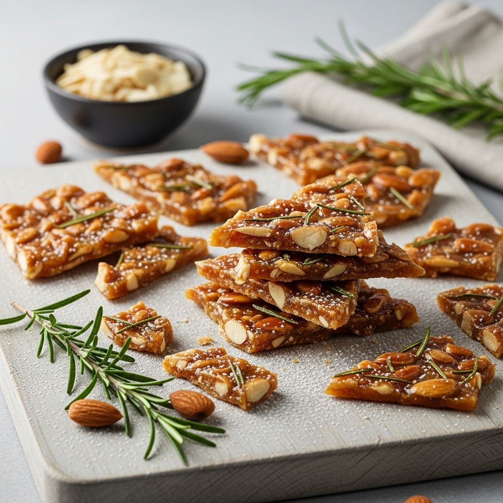Discover a unique, aromatic brittle recipe fusing almonds and rosemary for elevated holiday snacking and gifting.