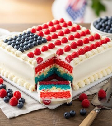 Elevate your spread with a red velvet sheet cake that dazzles in patriotic colors.
