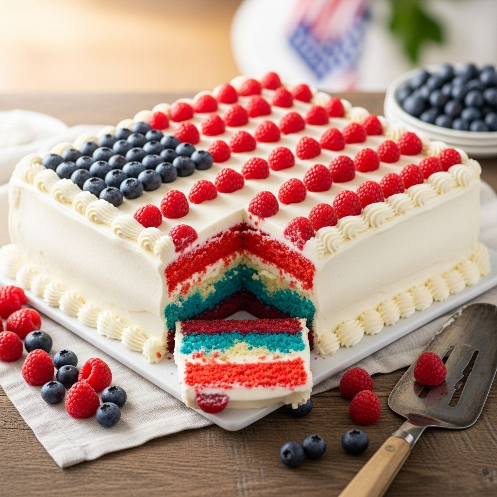 Elevate your spread with a red velvet sheet cake that dazzles in patriotic colors.