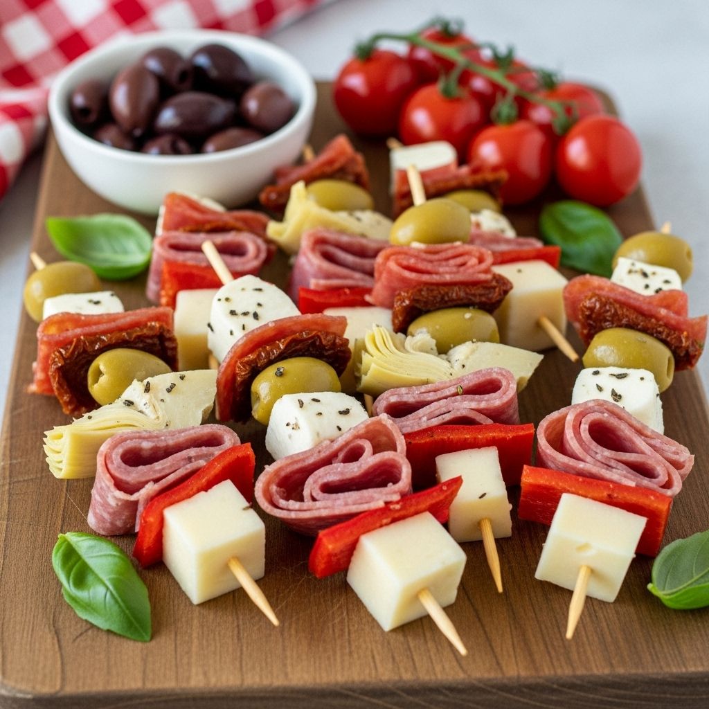 Fresh mozzarella, salami, and veggies threaded for a colorful, fuss-free gathering treat.