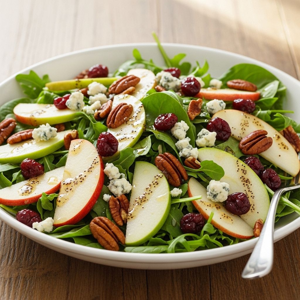 A vibrant dressing unites crisp fruit, crunchy nuts, and tangy bites for a memorable dish.