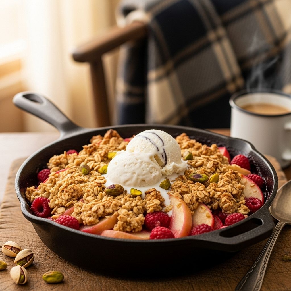 Apple-Raspberry Crisp With Pistachios: A Colorful Twist on Classic Comfort A warm, nut-studded crumble delivers bright flavors and satisfying crunch in every bite.