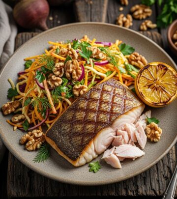 Discover a vibrant, nutrient-rich dish featuring Arctic char with a golden beet slaw and toasted walnuts, for a flavorful and wholesome meal.