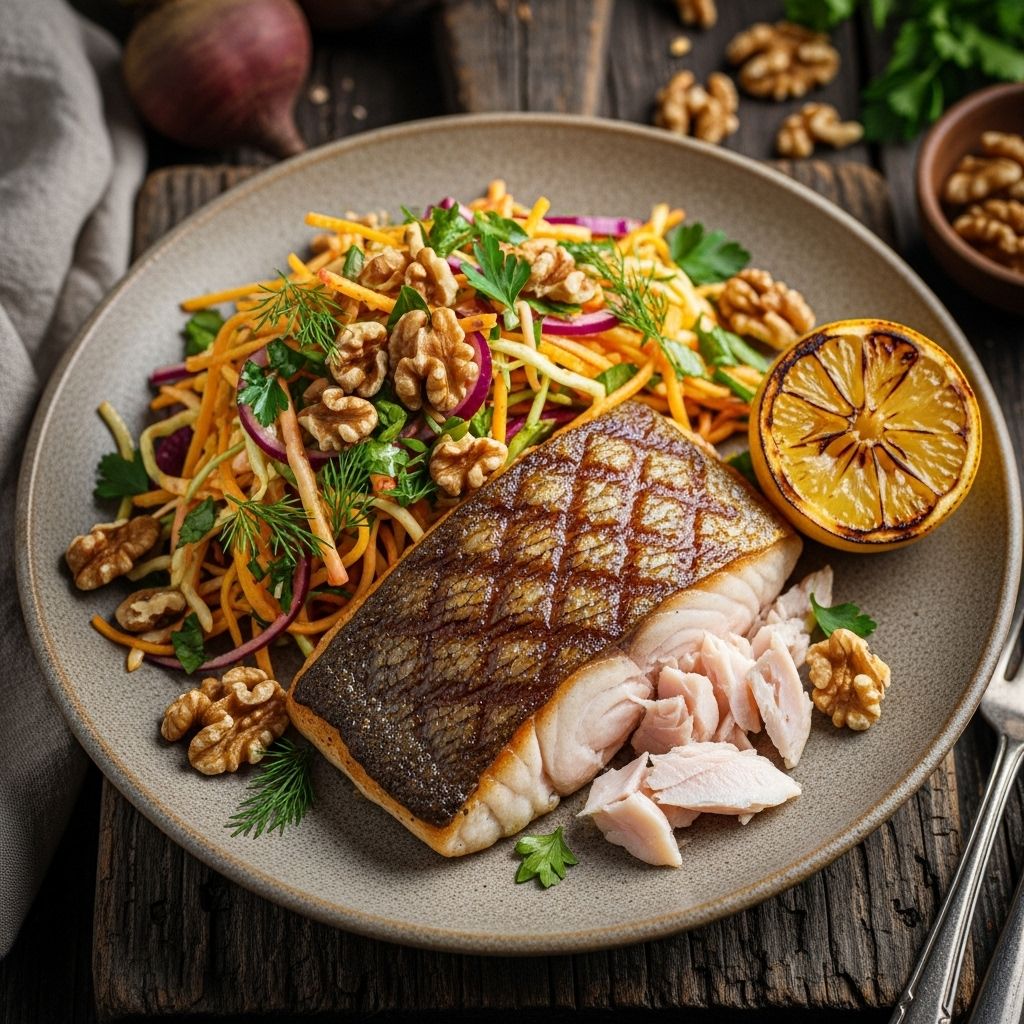 Discover a vibrant, nutrient-rich dish featuring Arctic char with a golden beet slaw and toasted walnuts, for a flavorful and wholesome meal.