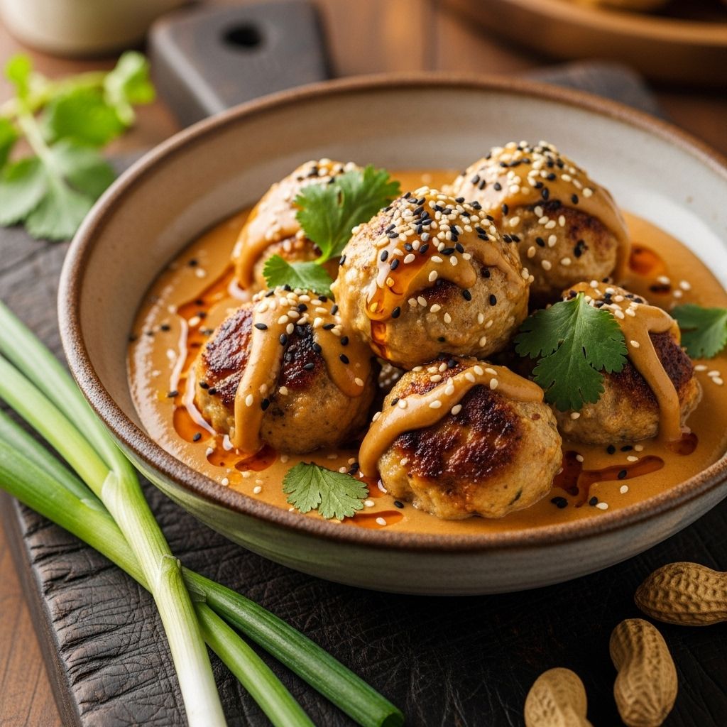 Delicious, protein-packed chicken meatballs paired with a rich and creamy peanut sauce—perfect for quick dinners and elegant entertaining.