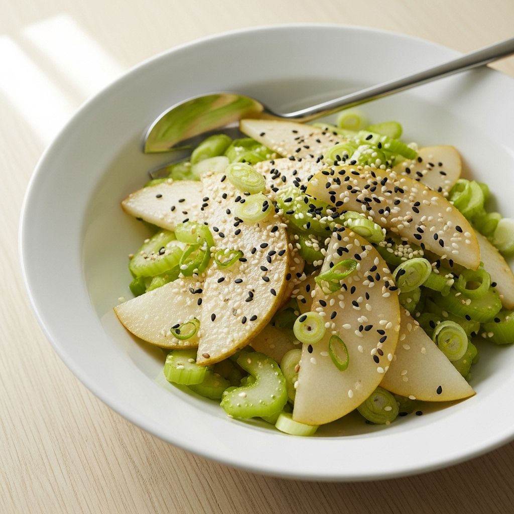 Bright flavors and fresh textures meet in this nutrient-packed Asian Pear, Celery, and Scallion Salad with toasty sesame seeds.