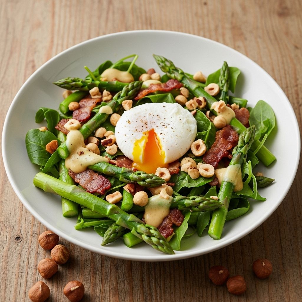 Crisp spears meet creamy yolk and roasted nuts for an elegant spring dish.