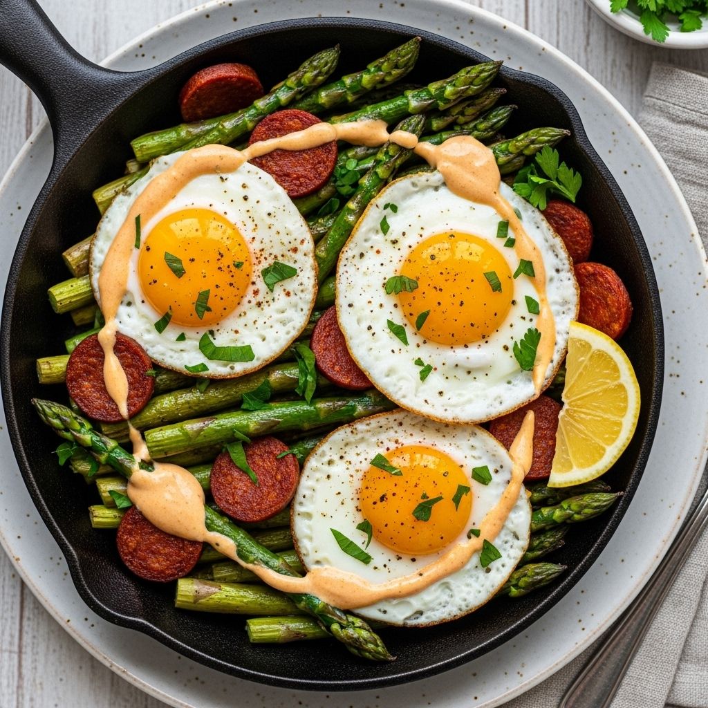 This vibrant fusion of seasonal greens, smoky sausage, and rich yolk elevates any meal.