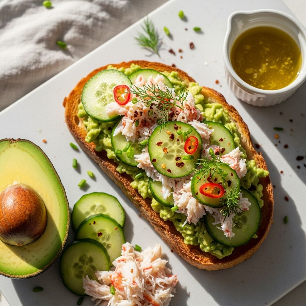 Elevate your brunch or snack with this vibrant Avocado, Cucumber, and Crab Toast—fresh, protein-rich, and bursting with color and flavor.