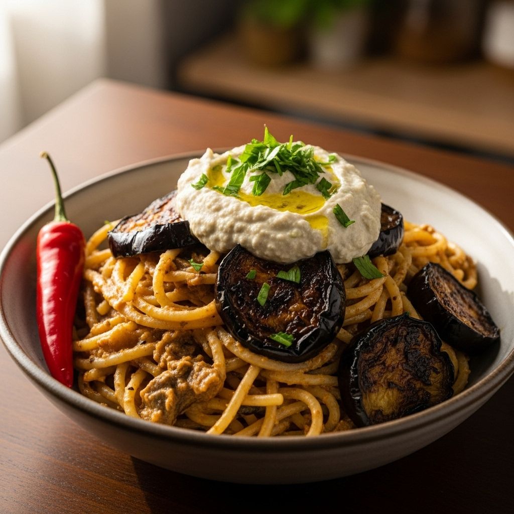Charred eggplant joins tahini and lemon for a plant-based dish alive with zesty flavor.