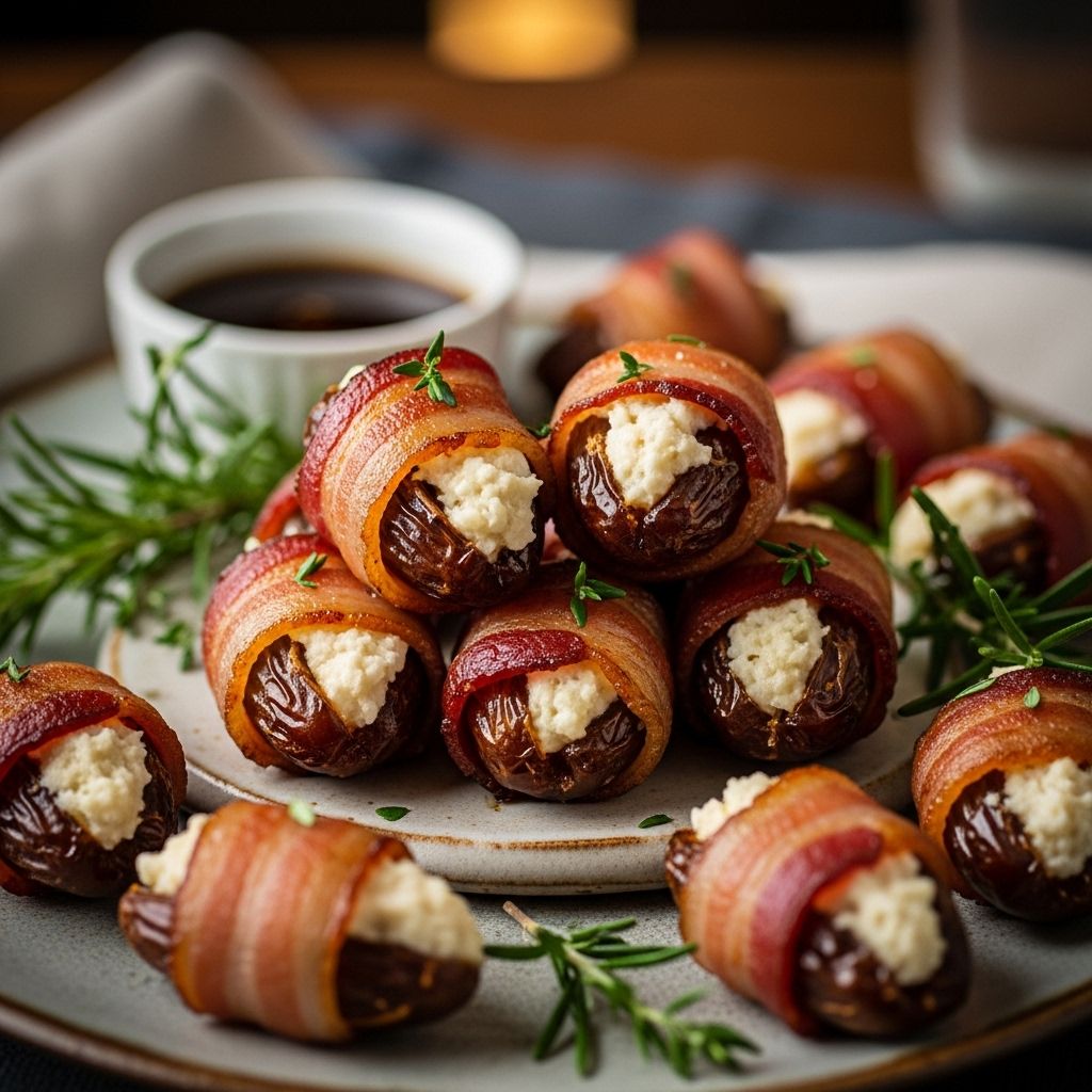 Bacon-Wrapped Horseradish Stuffed Dates: The Ultimate Sweet-and-Savory Party Appetizer These handheld morsels deliver sweet fruit, creamy cheese, spicy heat, and smoky crunch for a memorable appetizer.