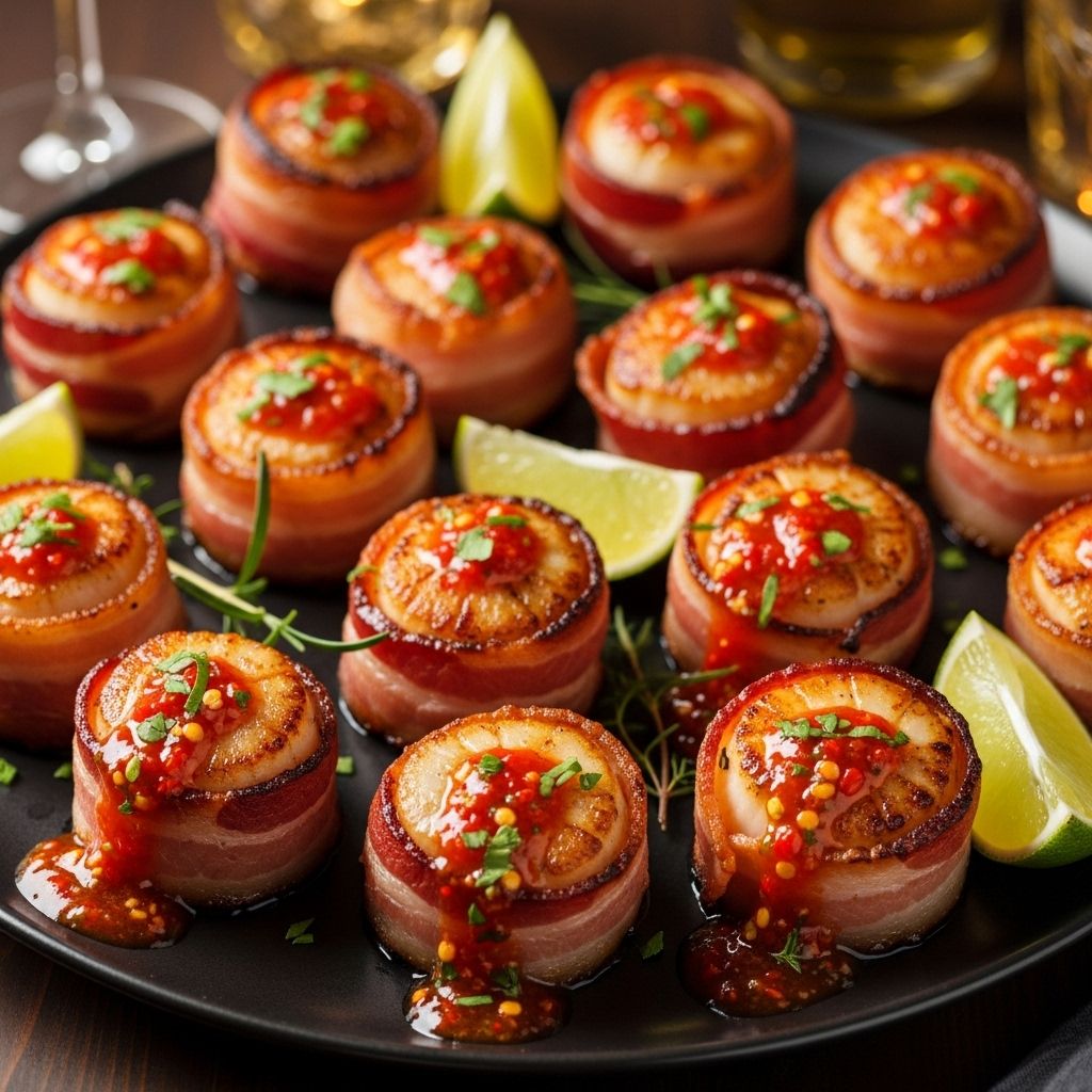 Crisp pork strips envelop sweet seafood for an indulgent bite crowned with a zesty sauce.