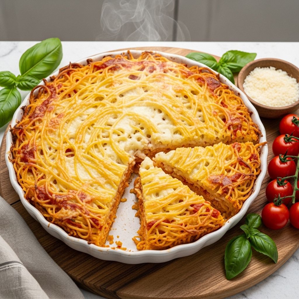 Enjoy a creamy casserole bound by a golden, crunchy pasta crust that slices perfectly.