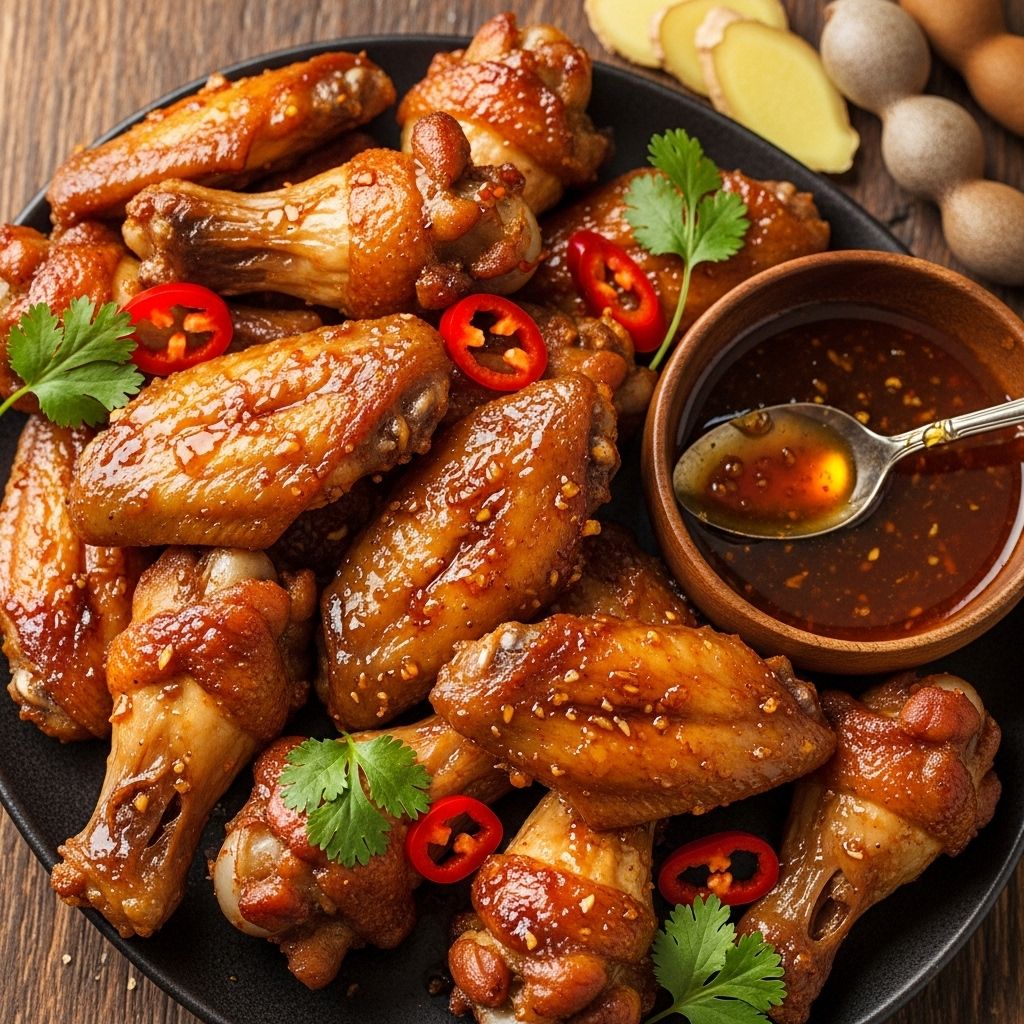 Baked Chicken Wings with Tamarind-Ginger Glaze Air-dried then oven-finished, this snack offers a mix of bright acidity and warm spice.