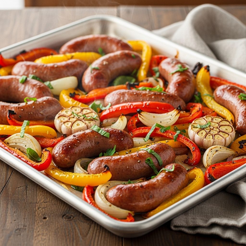 Savory Italian sausages roasted with sweet peppers, tomatoes, and onions make for an effortless, flavor-packed sheet pan dinner.