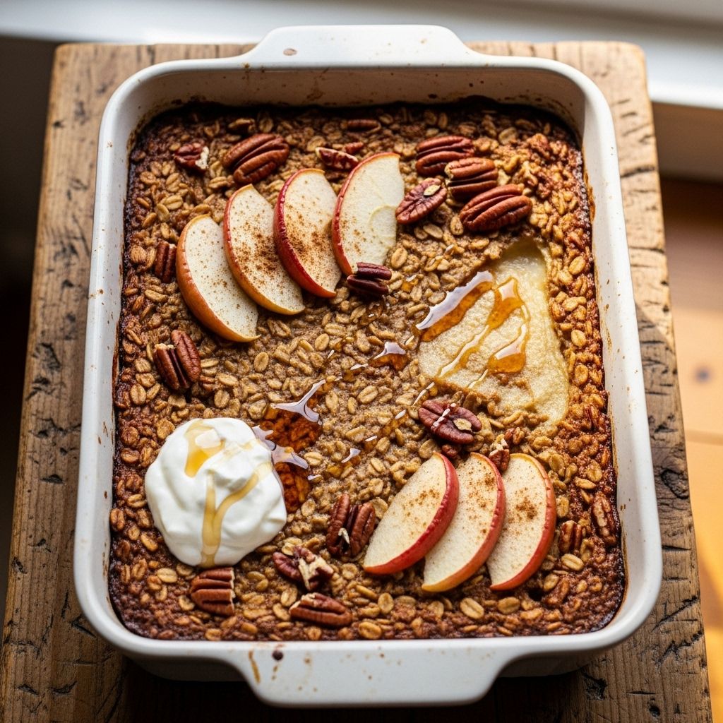 Start your morning with a nourishing, comforting baked oatmeal featuring apples, pecans, oats, and warming spices for lasting energy.