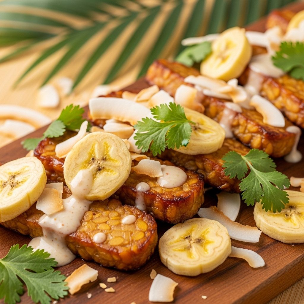 Savor the tropical harmony of banana, coconut, and lime in this vibrant baked tempeh dish that’s rich in plant protein and easy to prepare.