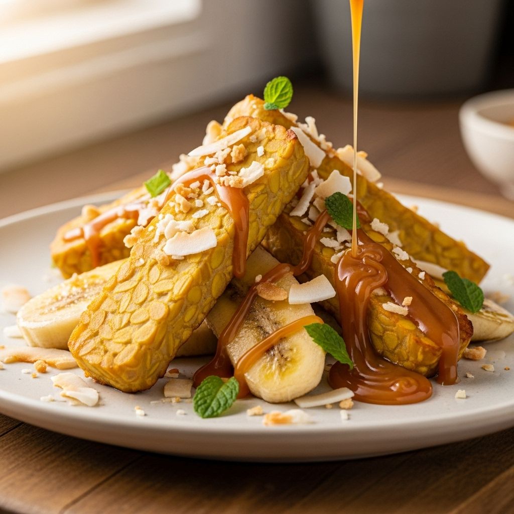Banana and Coconut Baked Tempeh: A Tropical Plant-Based Dessert Plant-based meets tropical: discover a unique dessert featuring lime, coconut, banana, and protein-packed baked tempeh.