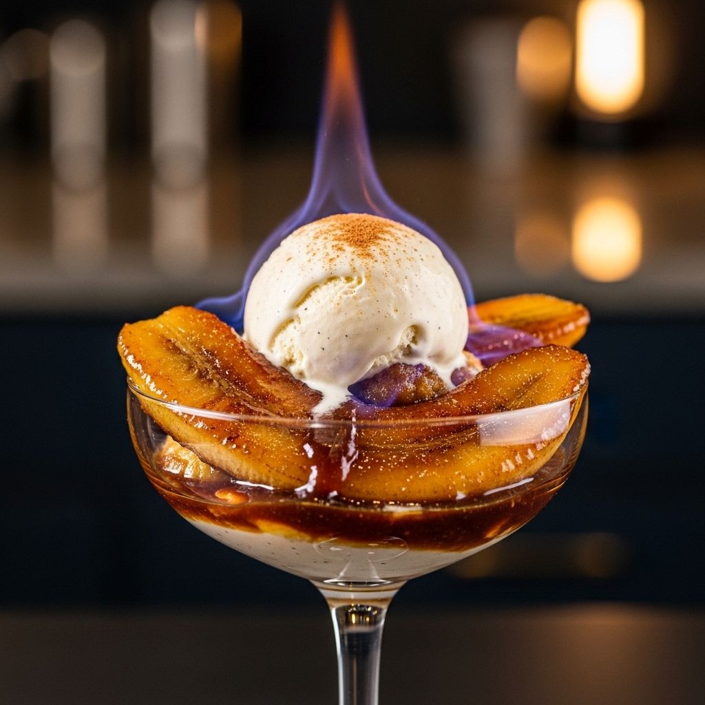 A quick tableside flambé delivers caramel sauce and creamy contrast, wowing every palate.