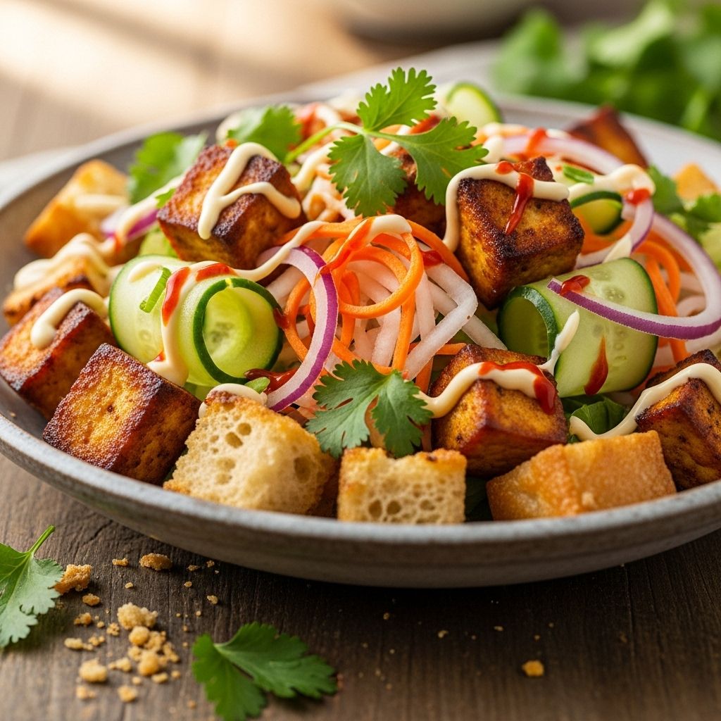 Crisp tofu and pickled veggies meet rustic croutons in a bold, fusion salad experience.