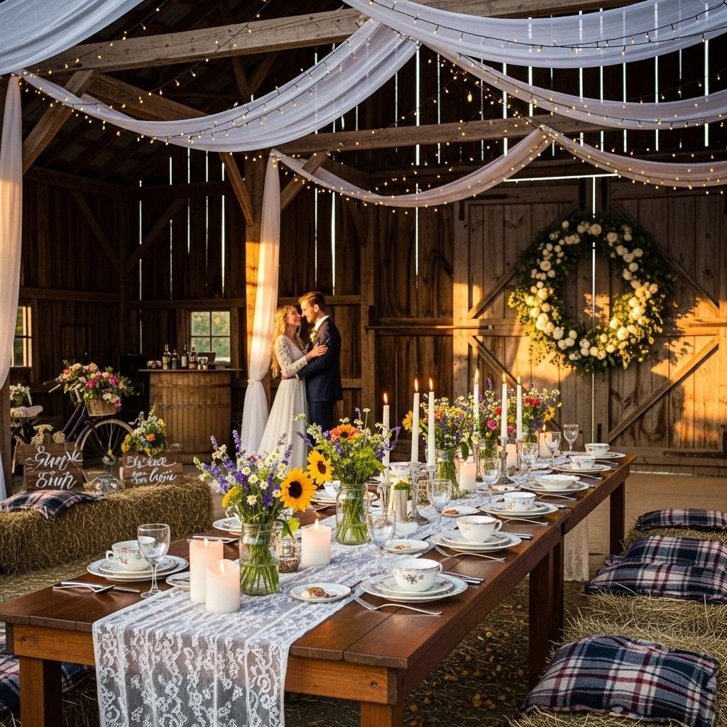 42 Barn Wedding Ideas That Are Rustic, Romantic, and Unforgettable Soft lighting and wildflower accents with cozy lounge nooks set a warm countryside mood.