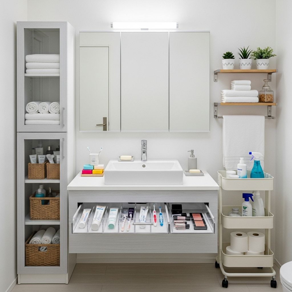 Smart shelving and storage hacks create a serene functional sink area without mess.
