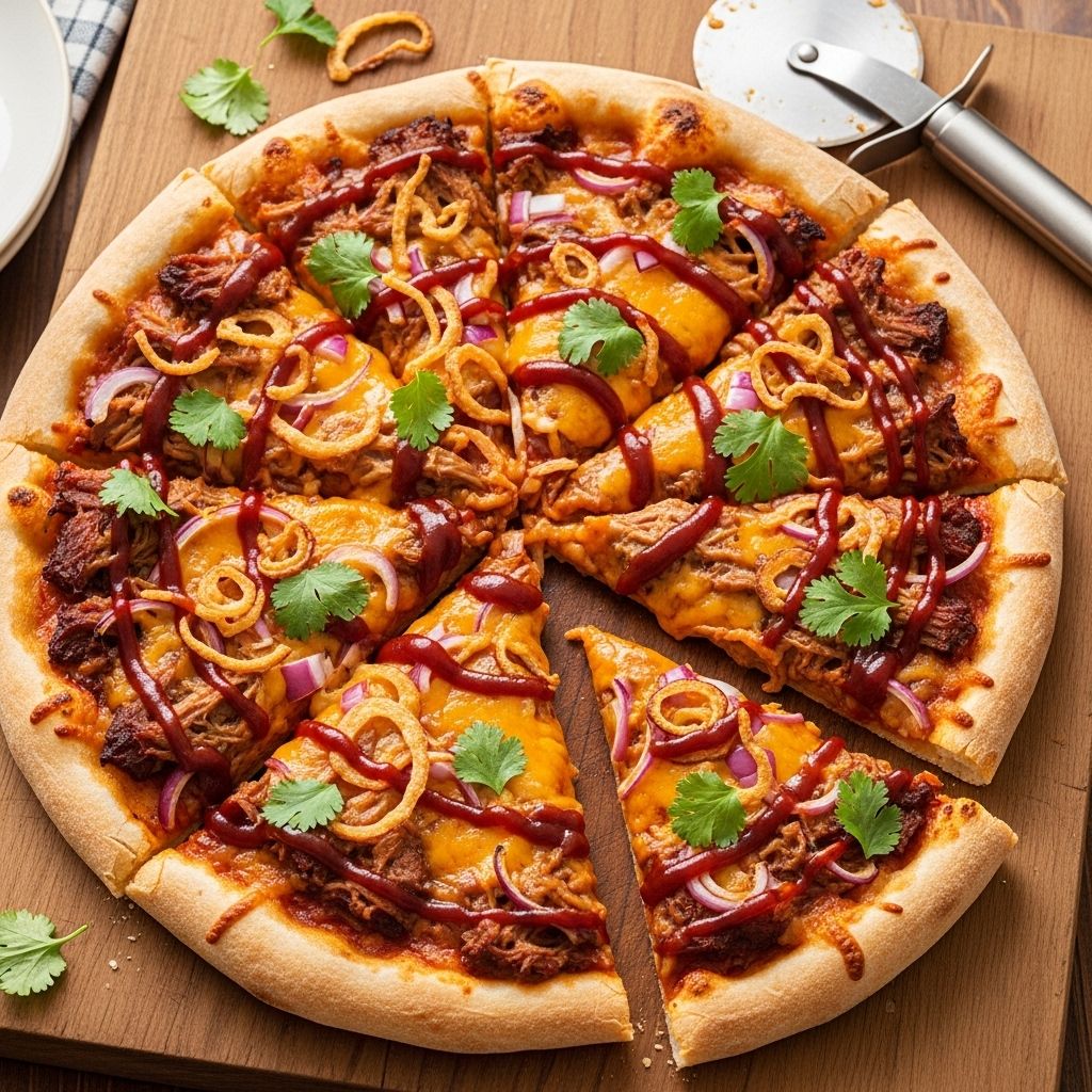 A mouthwatering blend of smoky pork, caramelized onions, and chiles on a crisp crust.