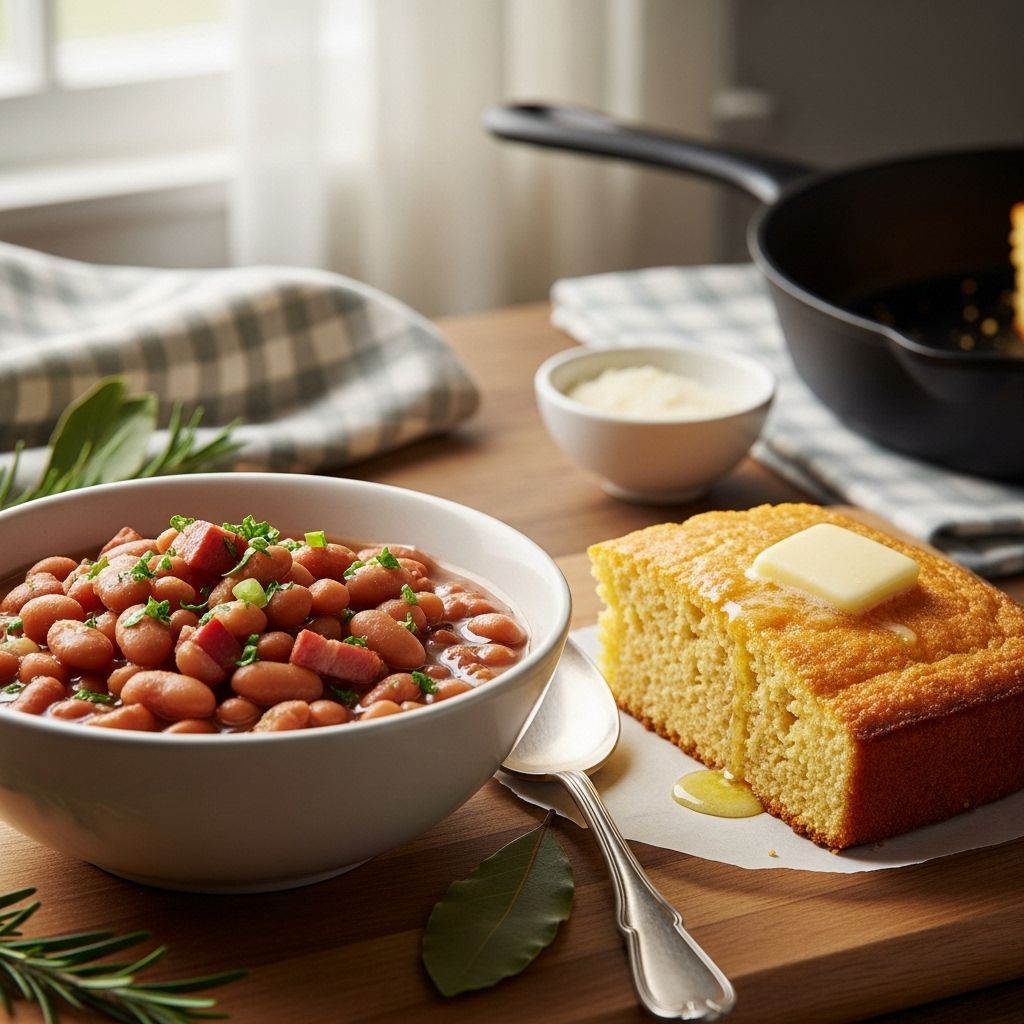 Beans and Cornbread A hearty stew paired with golden skillet bread delivers homestyle comfort in every bite.