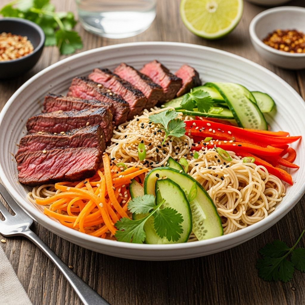 Experience vibrant mix of smoky meat, fresh veggies, and tangy dressing with every bite.