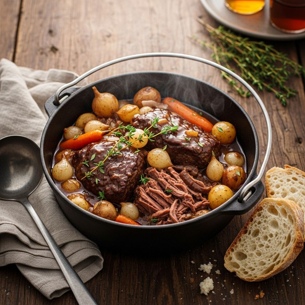 Slow cooking transforms chuck roast into fork-tender bites drenched in rich, malty sauce.