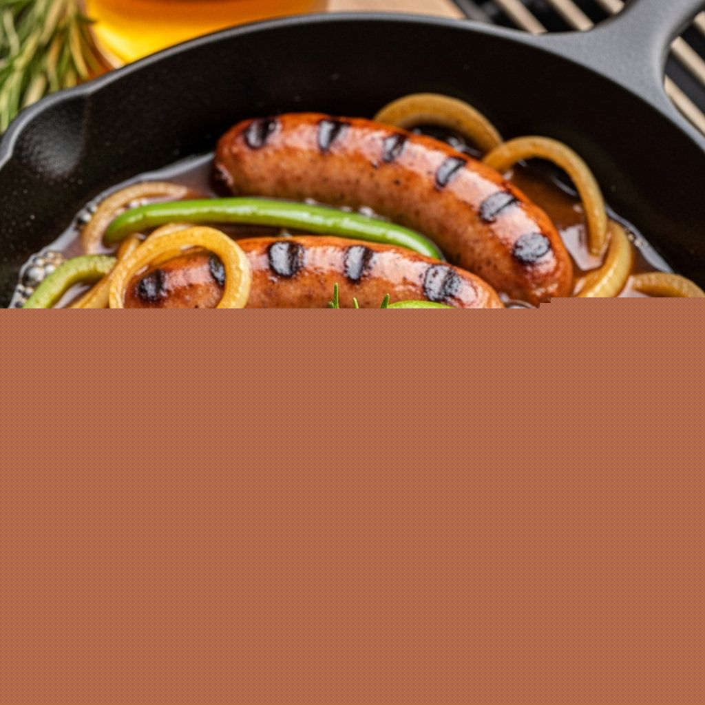Malt-infused simmering and grilling yield tender sausages with sweet caramelized onions.