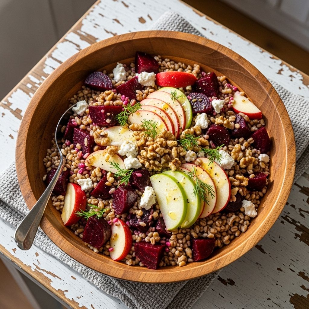 Hearty Beet and Wheat Berry Salad with Apples: A Wholesome, Make-Ahead Delight Earthy roots, grains, and crisp fruit meld in a tangy dressing for effortless flavor.