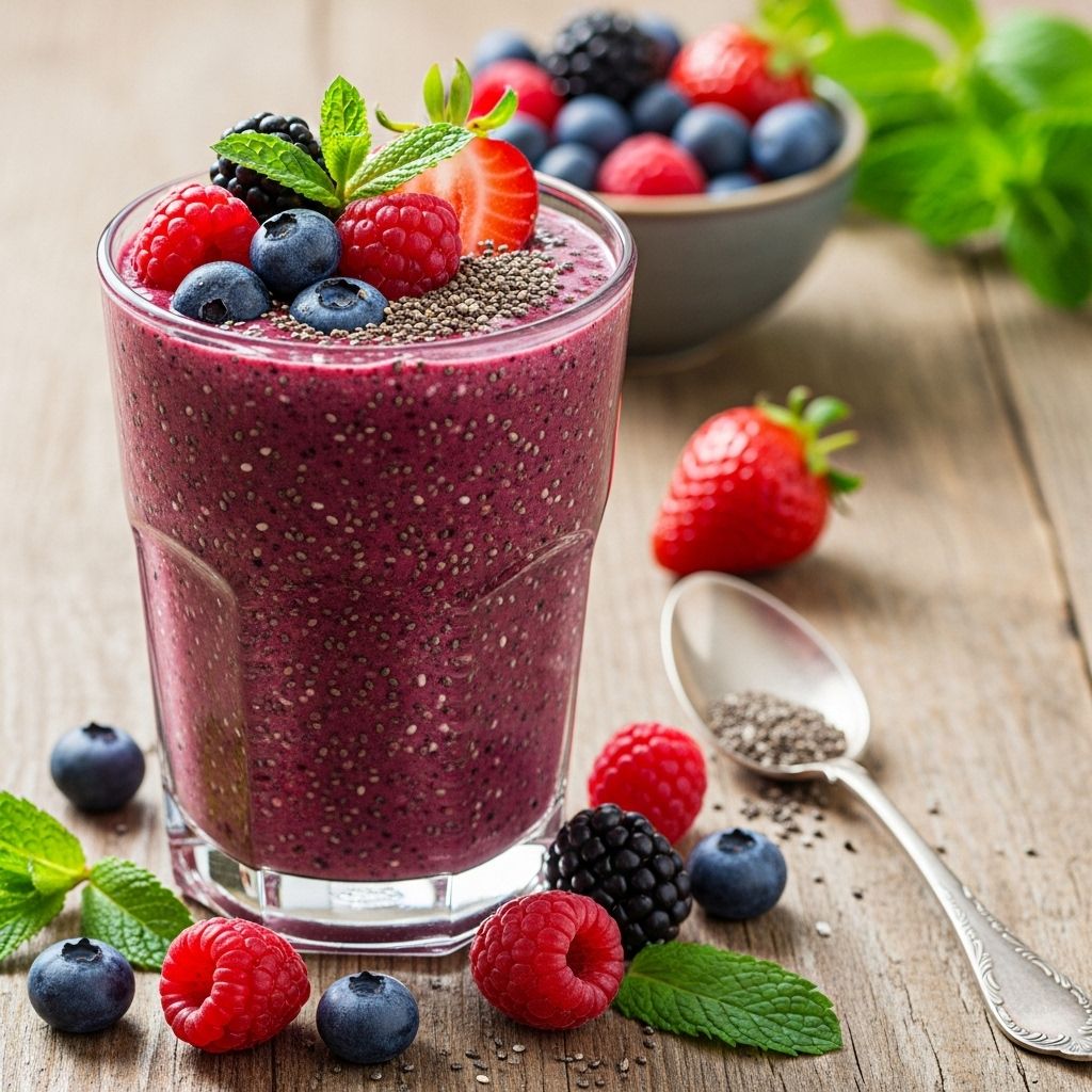 Discover the vibrant taste and nourishing power of a berry, chia, and mint smoothie patterned for wellness and convenience.