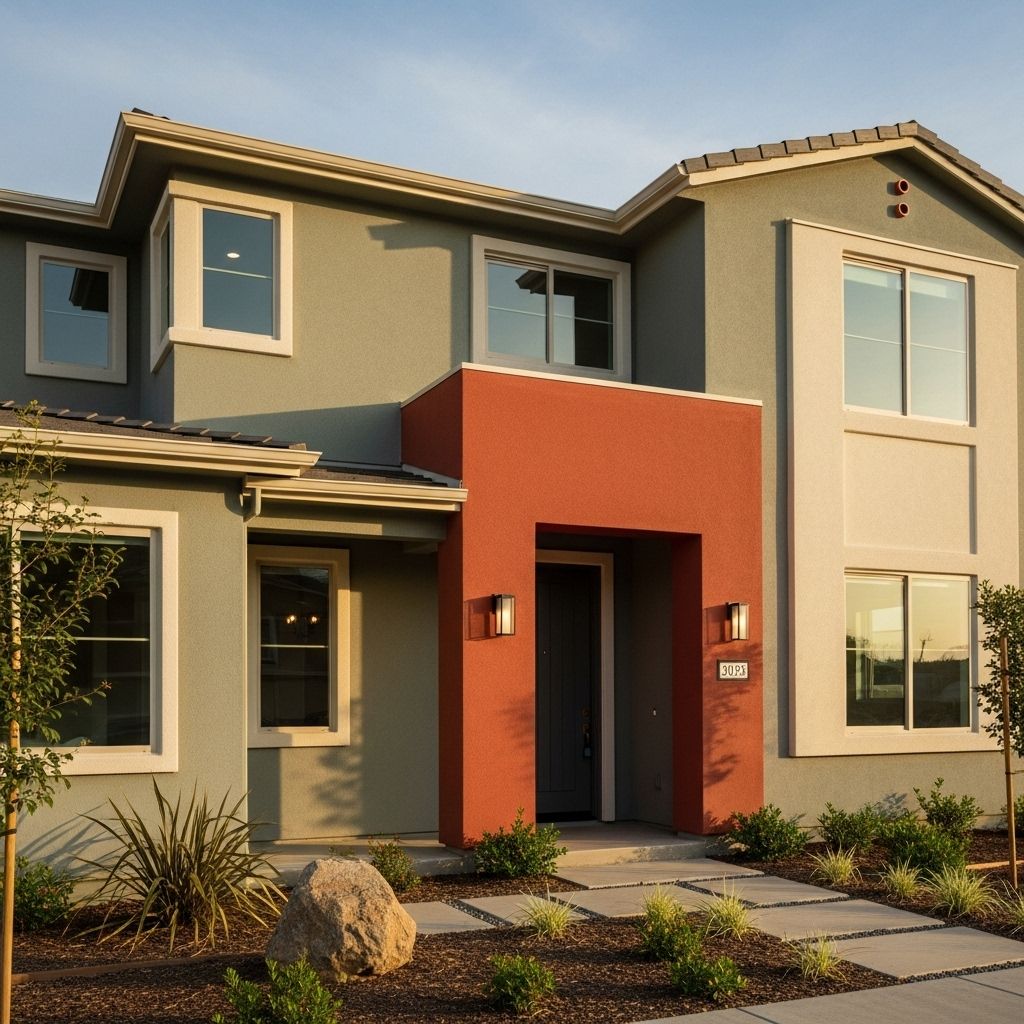 Bold and soothing shades merge architecture and landscaping into a harmonious entrance.