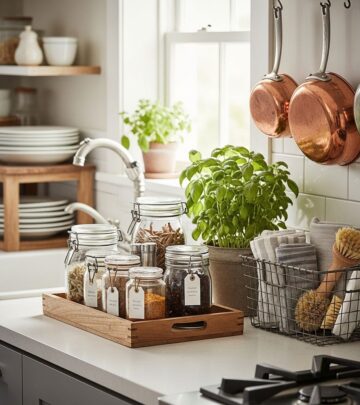 Group essentials by zone and use stylish containers to boost efficiency and warmth.